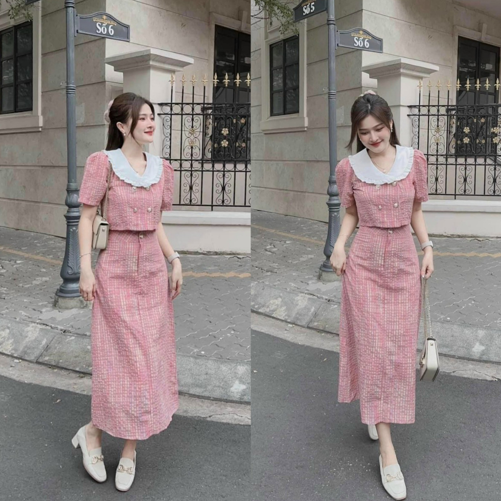 Set chân váy midi hóa giả kèm áo bèo cổ đính nút trẻ trung, thanh lịch phù hợp đi chơi, dự tiệc [910]