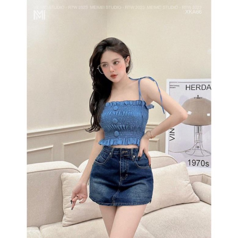 Áo hai dây Jean kiểu nhúng nút đóng hai màu 🌈🌈🌈L9988