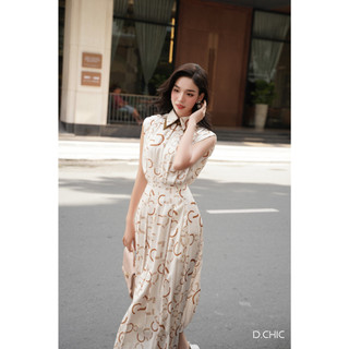 Váy lụa in logo vai chờm xếp ly D.CHIC MS: 2813336