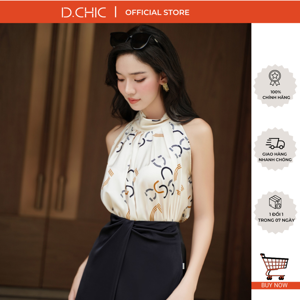 Áo lụa in logo cổ xếp ly D.CHIC MS: 1812307