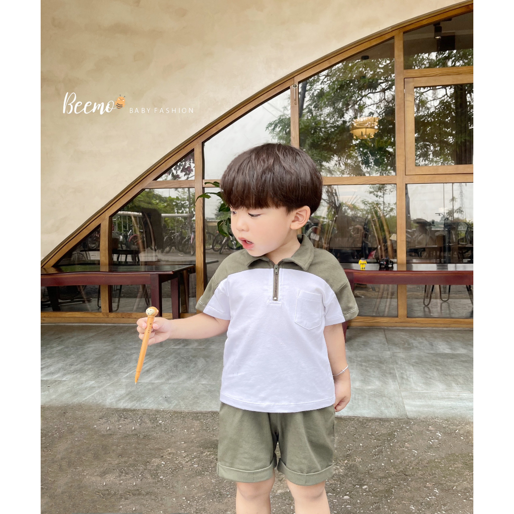 Bộ Polo phối vai cho bé trai Beemo,Chất liệu cotton mềm mịn, mặc hè siêu thoáng mát,hiết kế đơn giản với khóa kéo B342