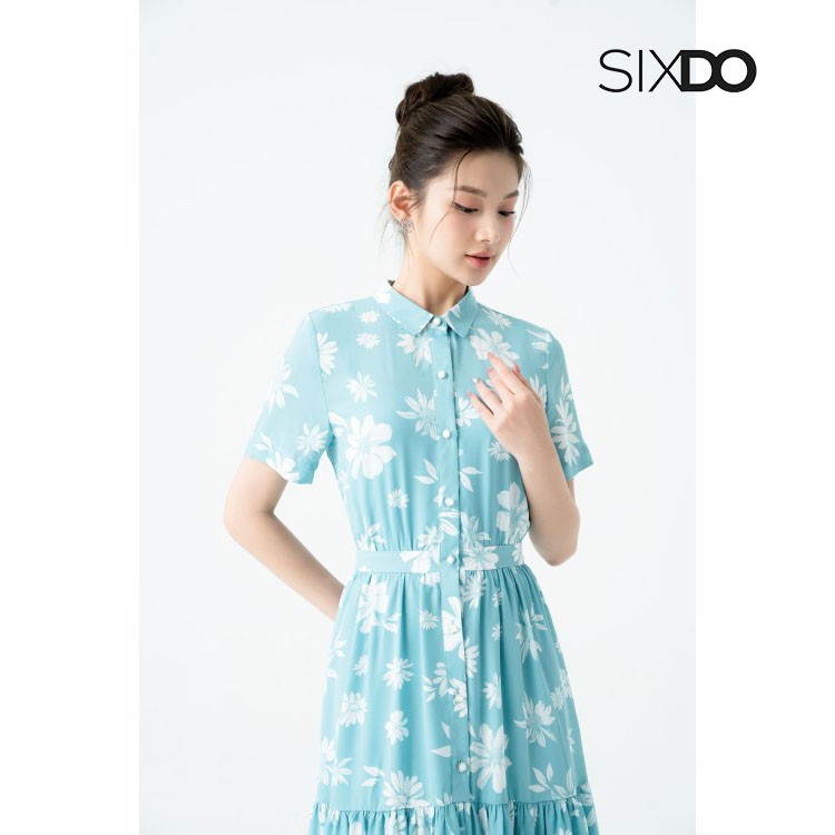 Đầm hoa midi voan cổ sơ mi cúc dọc thời trang SIXDO (Dark Mint Floral Midi Voile Dress)