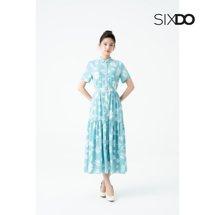 Đầm hoa midi voan cổ sơ mi cúc dọc thời trang SIXDO (Dark Mint Floral Midi Voile Dress)