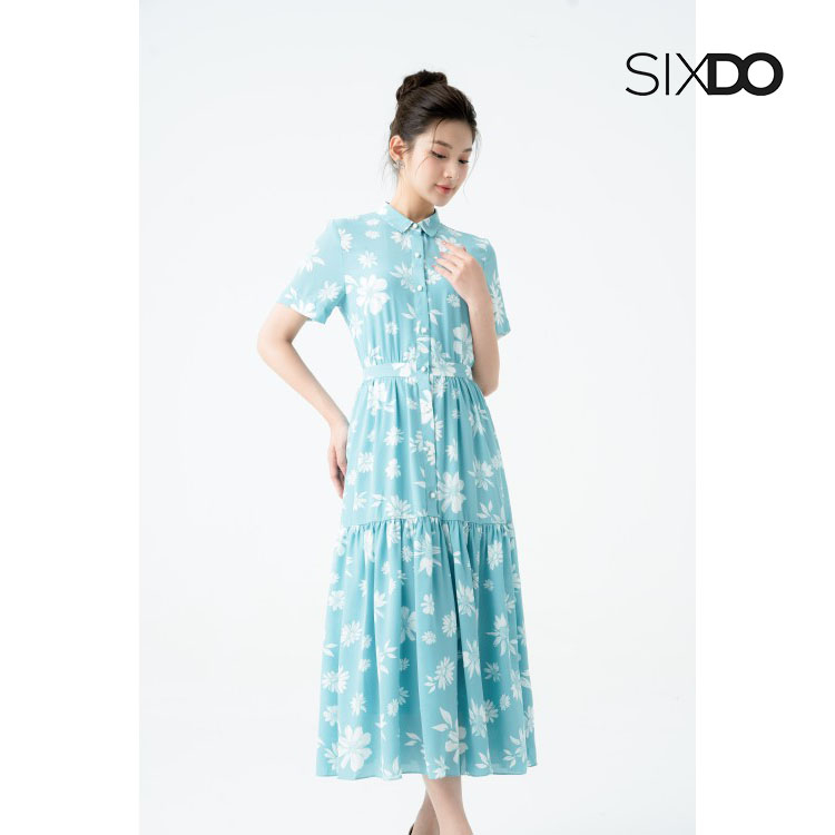 Đầm hoa midi voan cổ sơ mi cúc dọc thời trang SIXDO (Dark Mint Floral Midi Voile Dress)