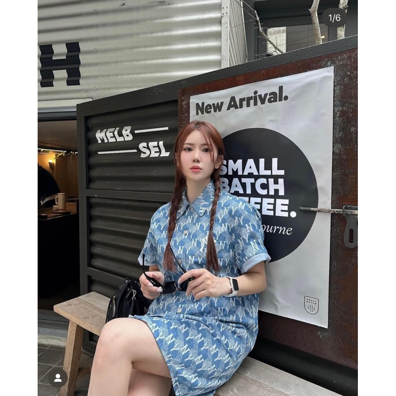 Đầm Váy mlb Women's Cube Monogram Print Denim Dress New York Yankees 3Fddm0133