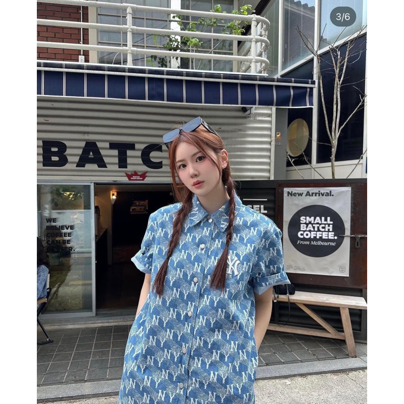 Đầm Váy mlb Women's Cube Monogram Print Denim Dress New York Yankees 3Fddm0133