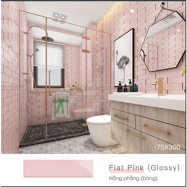 Gạch thẻ nhập khẩu màu hồng bóng phẳng ốp tường trang trí nội ngoại thất, khách sạn, homestay, decor