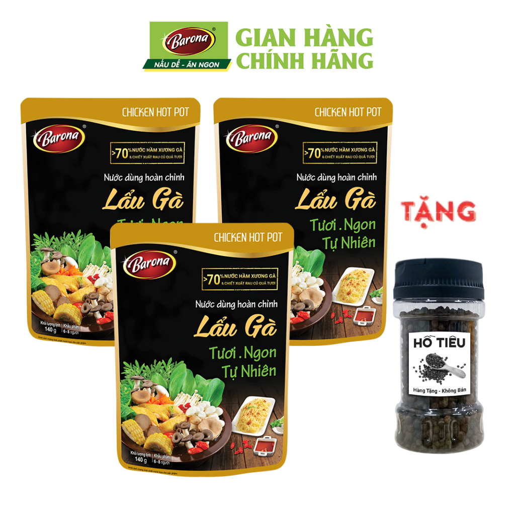 Combo 3 gói Nước dùng Lẩu Gà Barona 140g, tặng tiêu hạt