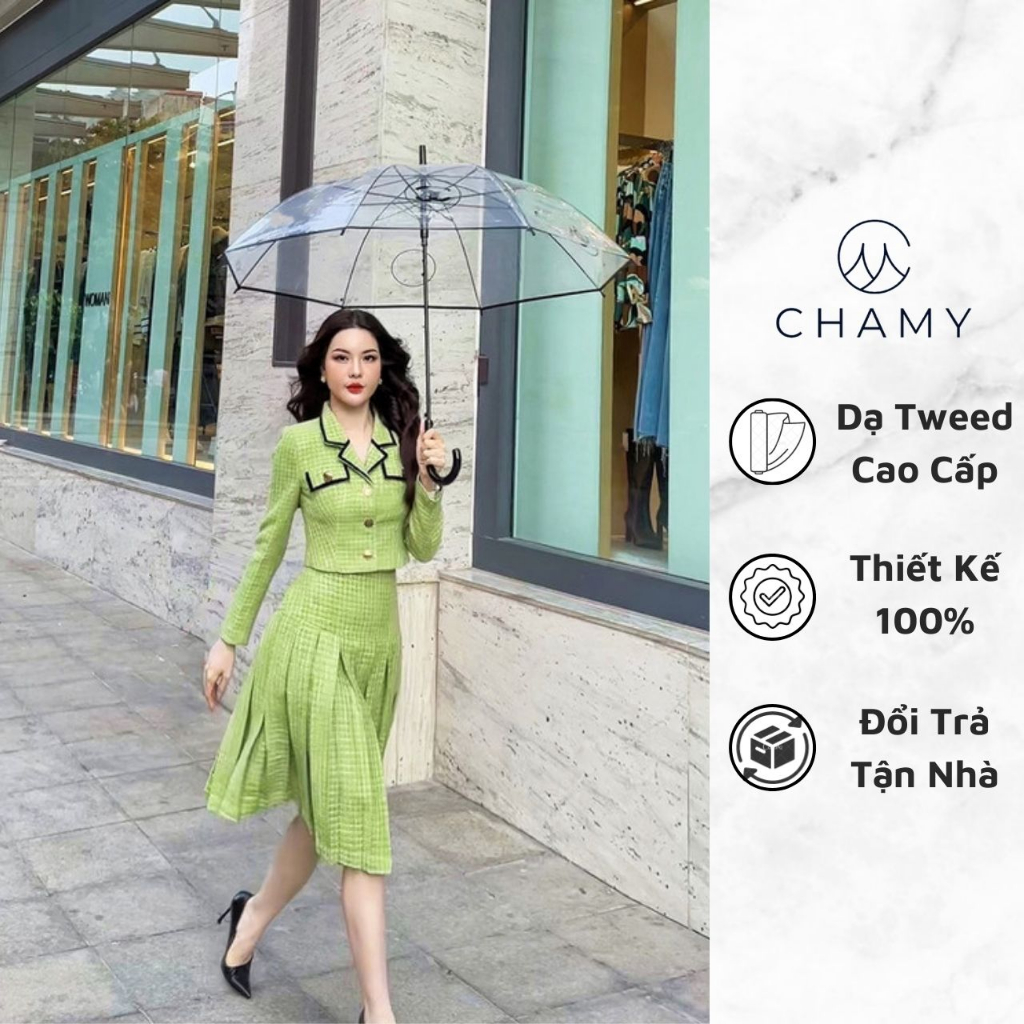 Set 𝐂𝐇𝐀𝐌𝐘 Elia Thiết Kế Phối Viền Cổ Tinh Tế Sang Trọng Chất Liệu Dạ Tweed Cao Cấp