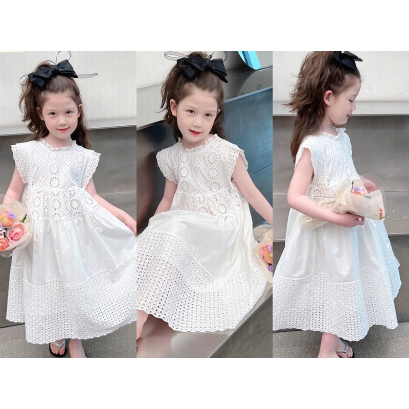 (Chính hãng) Váy đầm trắng cho bé gái.Đầm bé gái cao cấp.Váy trắng tiểu thư thêu đục lỗ dáng dài cực sang bé 10-40kg
