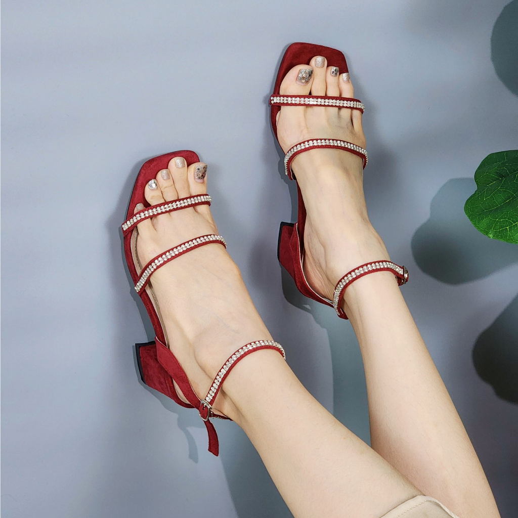 Giày sandal quai ngang mảnh đính đá sang trọng bắt mắt đế vuông cao 5cm Cillie 1187