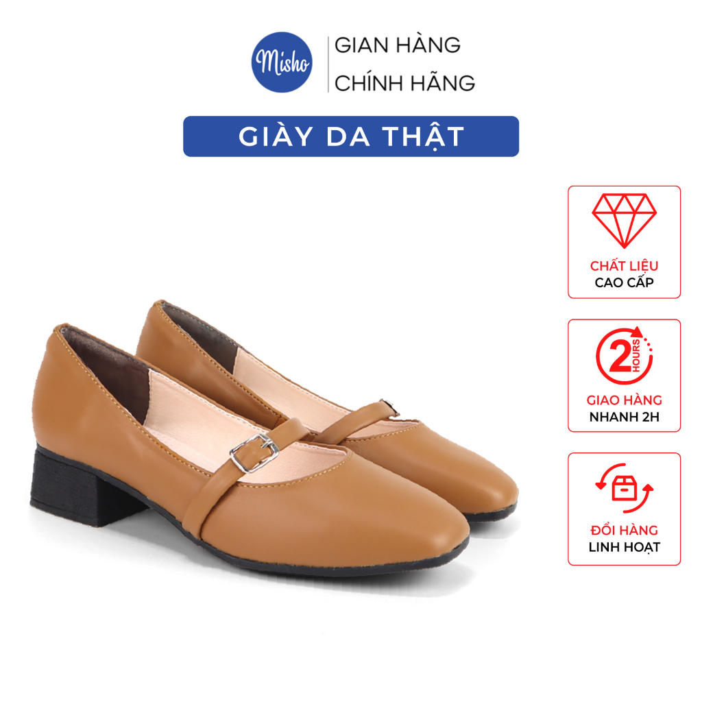 Giày búp bê nữ da thật êm mềm ôm chân mũi vuông thời trang gót cao 3cm Misho 1158