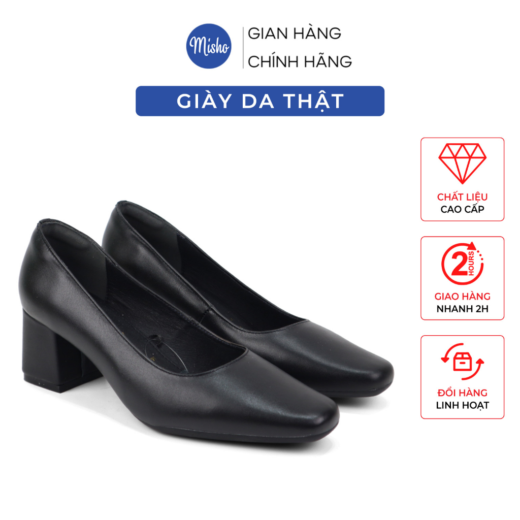 Giày cao gót nữ công sở giày tiếp viên da thật mũi vuông thời trang êm mềm đế trụ đế vuông cao 5cm đi làm Misho 1017