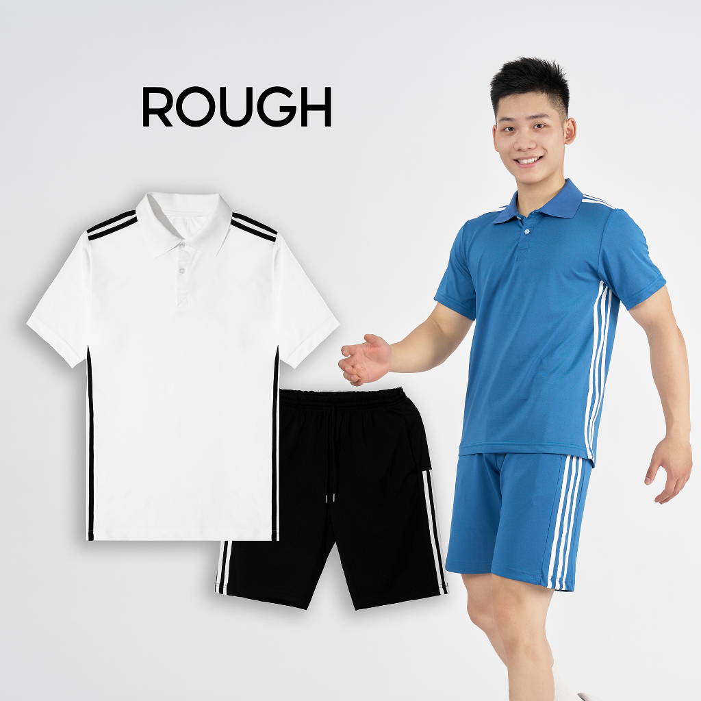 [Mã FATREND2810 giảm đến 30k tối đa 99k] Bộ thể thao nam ROUGH cổ polo phối sọc trẻ trung chất thun cotton CVC co dãn