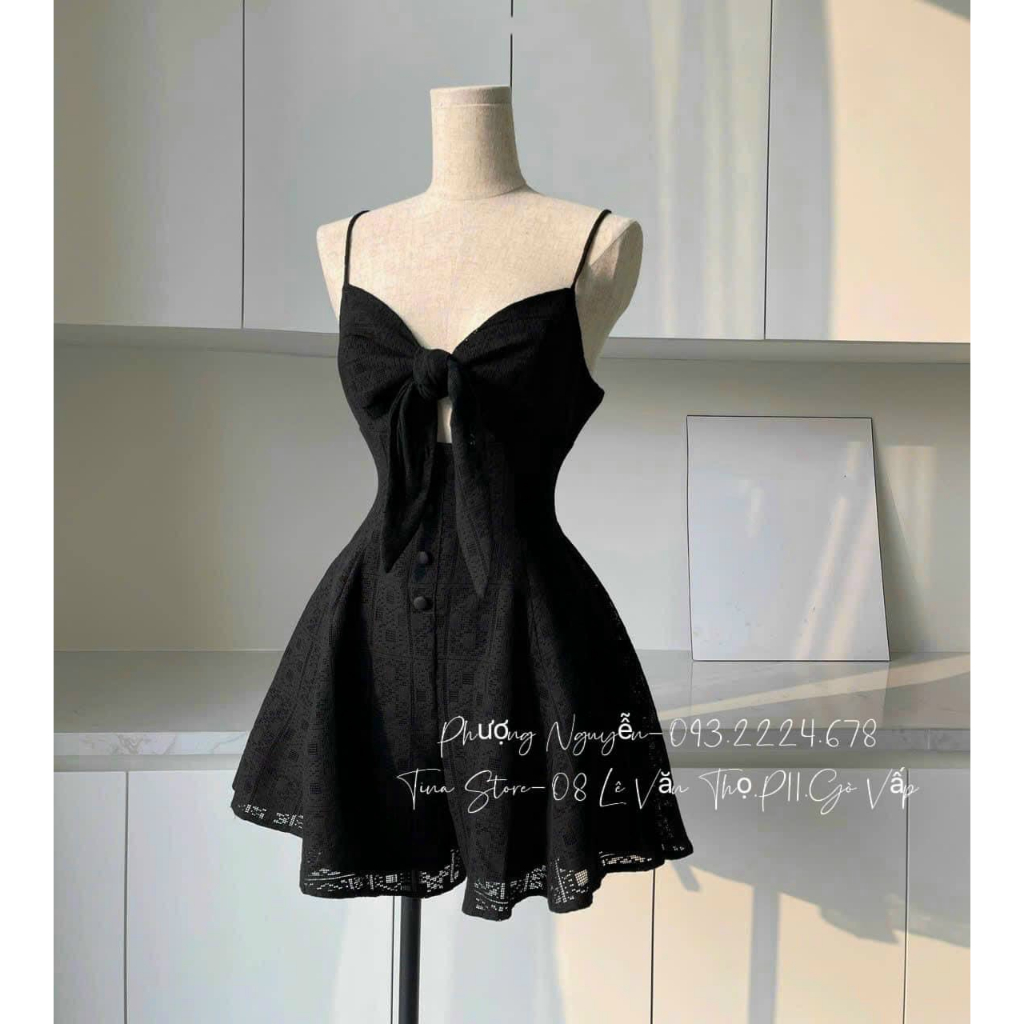 .Đầm 2 dây dáng xòe cổ chữ v quyến rũ có thắt nơ ngực