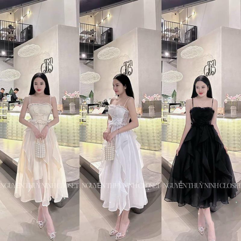 Đầm xoè 2 dây voan xoắn bèo thân TRIPBLE T DRESS siêu xinh - Free size dưới 54kg