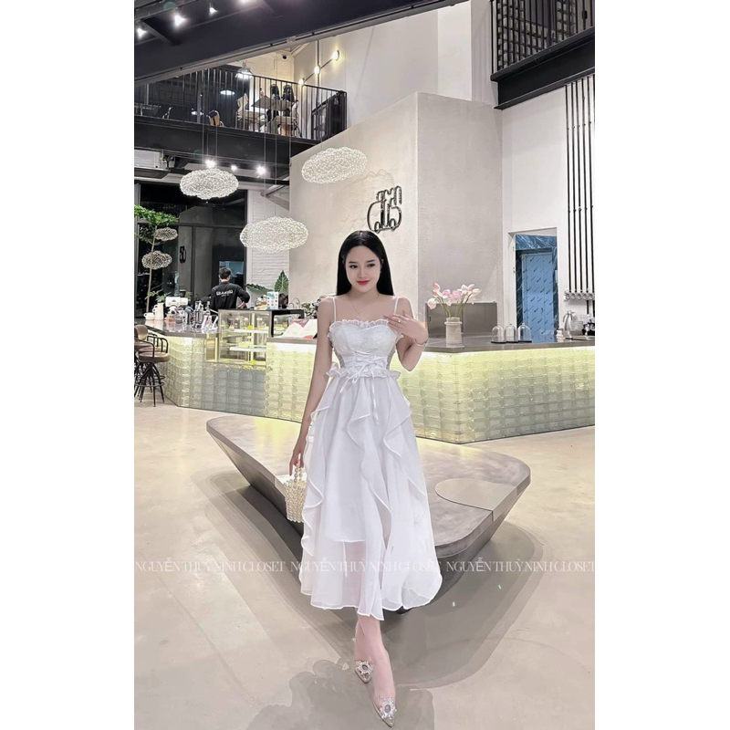 Đầm xoè 2 dây voan xoắn bèo thân TRIPBLE T DRESS siêu xinh - Free size dưới 54kg