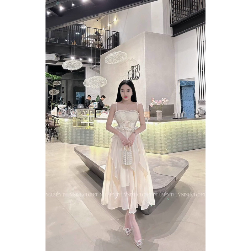 Đầm xoè 2 dây voan xoắn bèo thân TRIPBLE T DRESS siêu xinh - Free size dưới 54kg