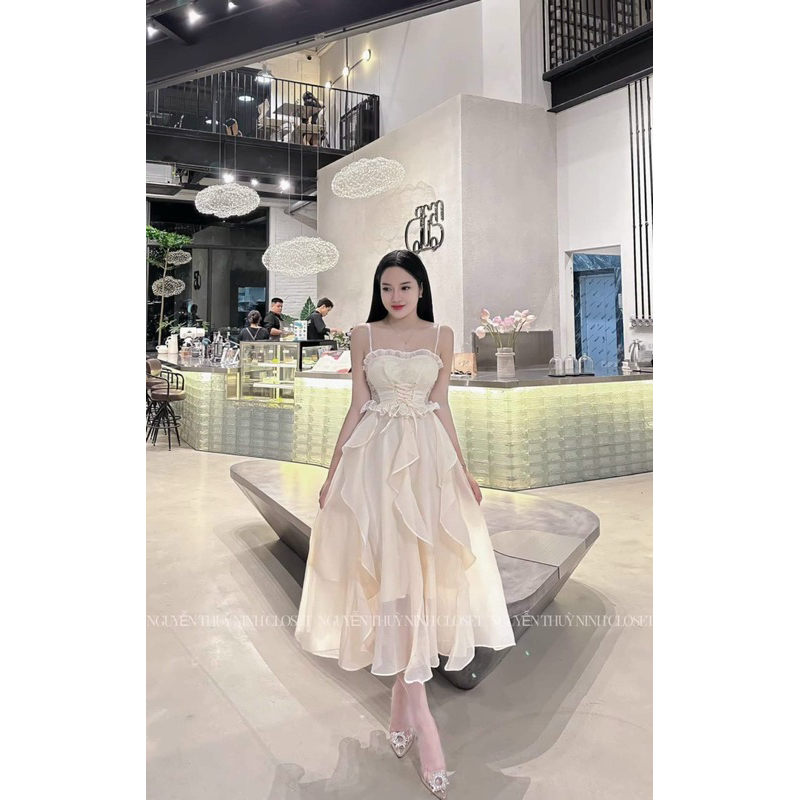 Đầm xoè 2 dây voan xoắn bèo thân TRIPBLE T DRESS siêu xinh - Free size dưới 54kg
