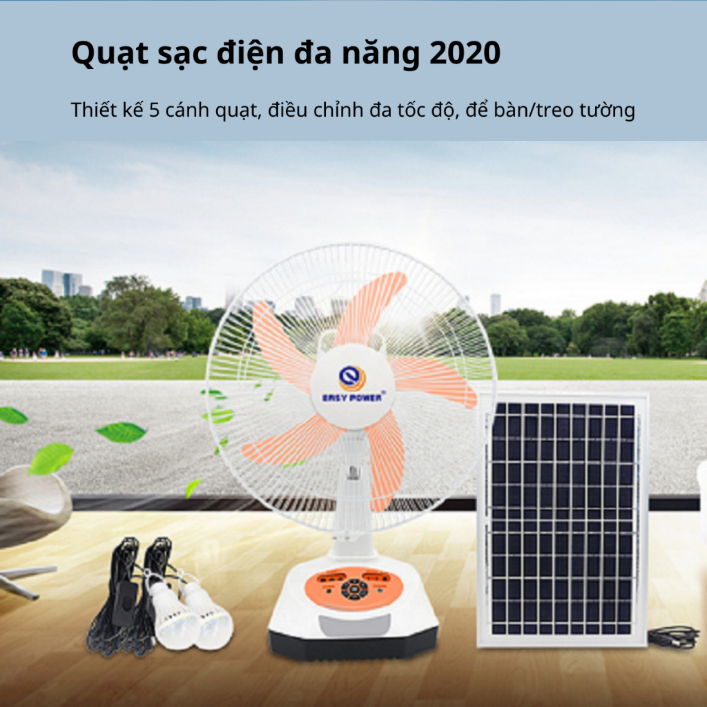 Quạt năng lượng mặt trời EASY POWER, quạt tích điện đa năng cổng sạc USB, tặng kèm 2 bóng đèn 6V - Bảo hành 12 tháng | BigBuy360 - bigbuy360.vn