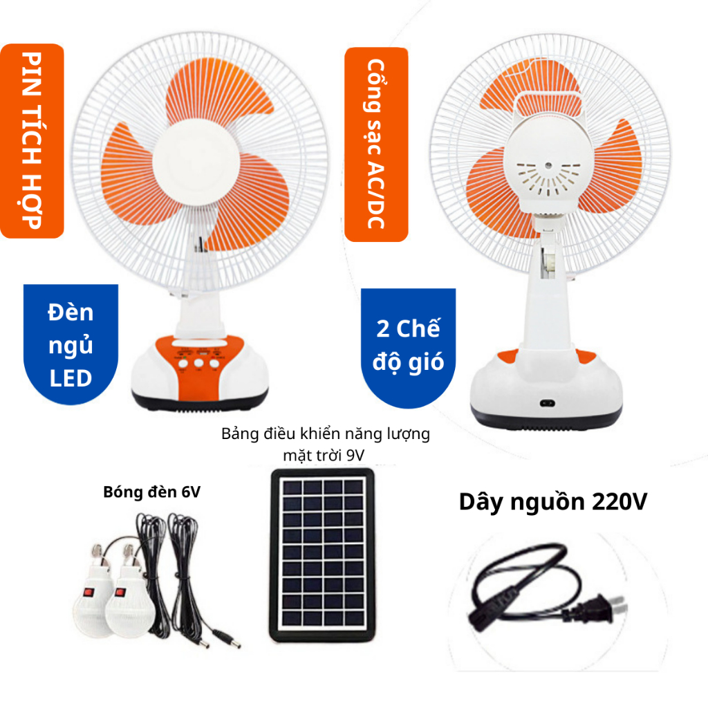 Quạt năng lượng mặt trời EASY POWER, quạt tích điện đa năng cổng sạc USB, tặng kèm 2 bóng đèn 6V - Bảo hành 12 tháng | BigBuy360 - bigbuy360.vn