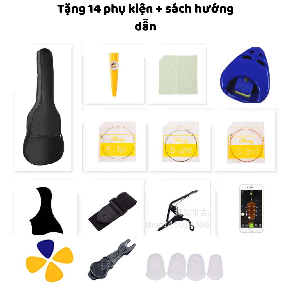 Đàn guitar Acoustic gỗ tốt màu đen, màu gỗ Diduo/HT- Tặng full 12 phụ kiện+ bao+ sách hướng dẫn