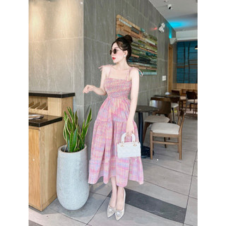 Đầm 2 dây bo ngực dáng xoè hoạ tiết caro đang hot