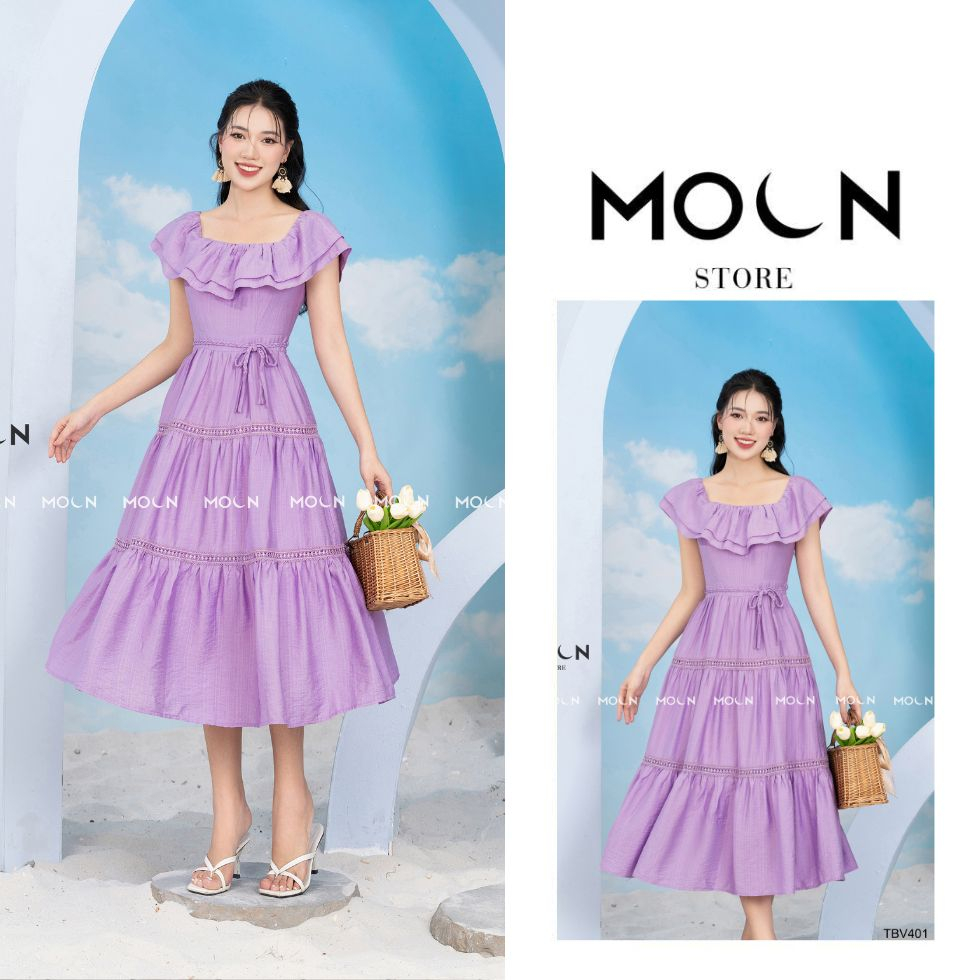 Đầm xòe tiểu thư thắt eo sang chảnh, thời trang thiết kế váy dài nữ chất đũi lụa cao cấp thiết kế trễ vai Moon TBV401