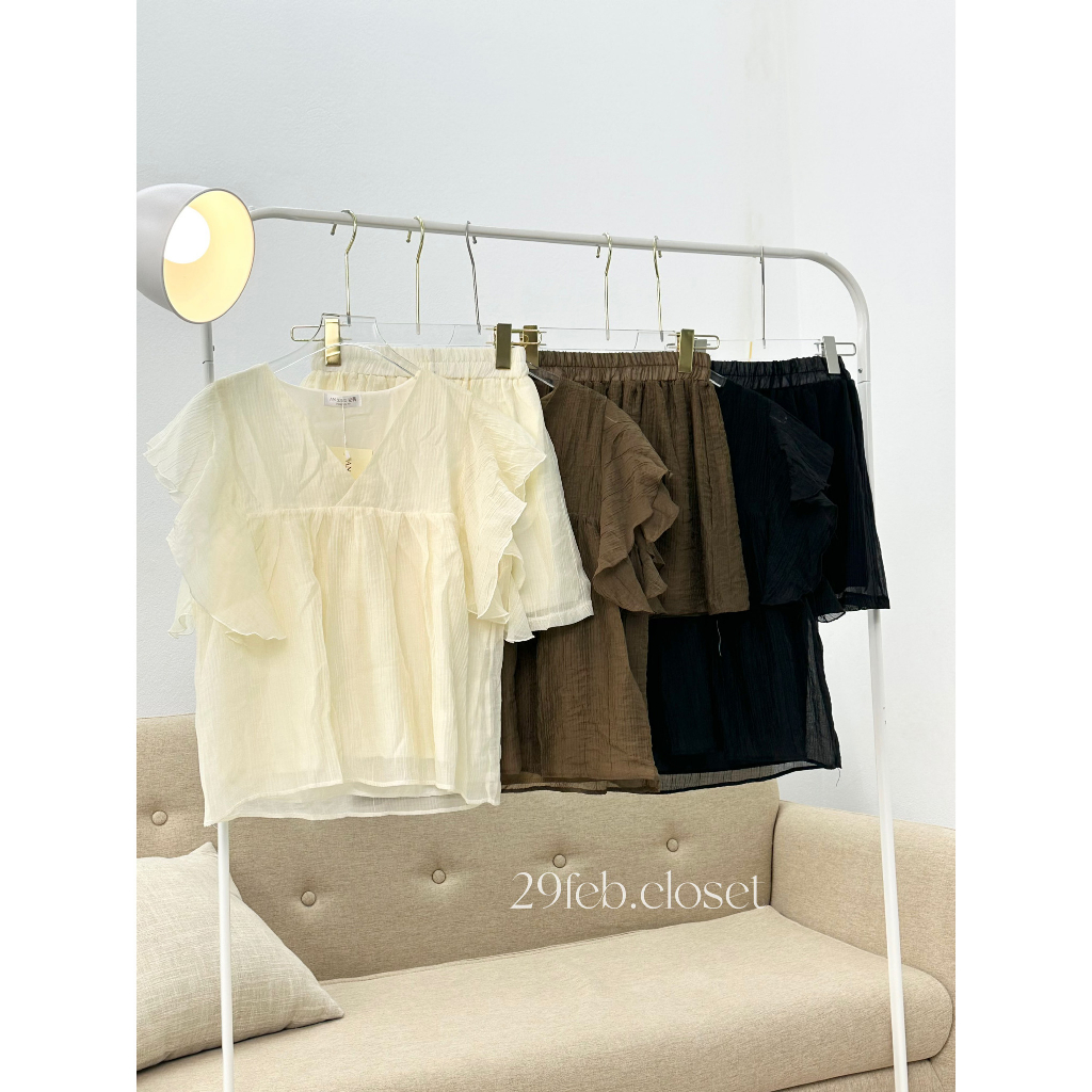 Set áo babydoll tay bèo kèm quần đùi short 29feb.closet cổ V 2 lớp chất voan tơ mềm mại form rộng mùa hè - S106