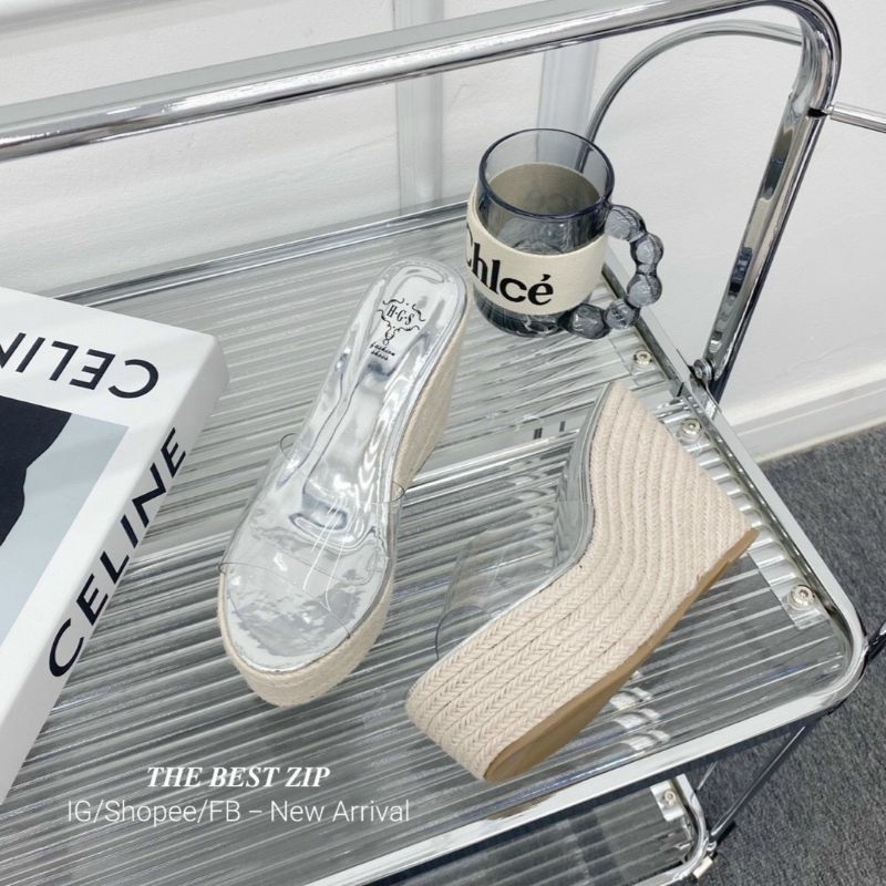 Dép xuồng đế cói quai mica trong cao 11cm nhập nguyên hộp hàng QC cao cấp | Hàng loại 1