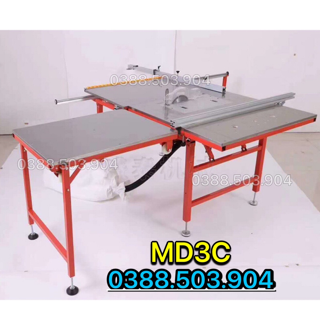 Máy cưa bàn trượt 2 lưỡi, nâng hạ lưỡi bằng điện, có hút bụi