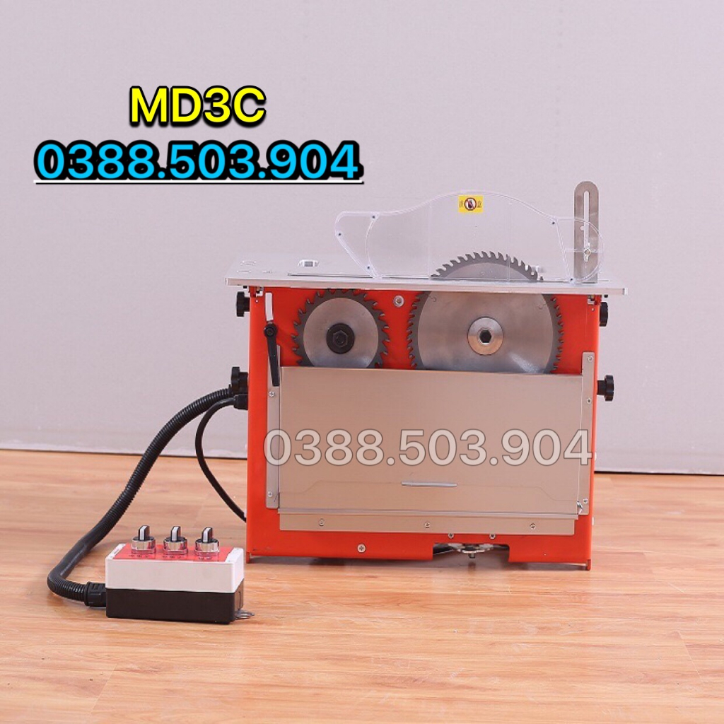 Máy cưa bàn trượt 2 lưỡi, nâng hạ lưỡi bằng điện, có hút bụi