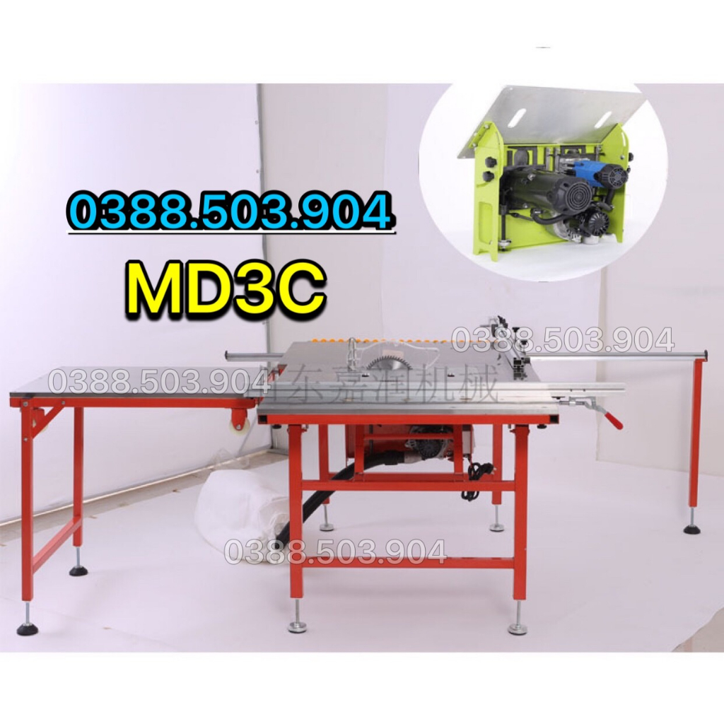 Máy cưa bàn trượt 2 lưỡi, nâng hạ lưỡi bằng điện, có hút bụi