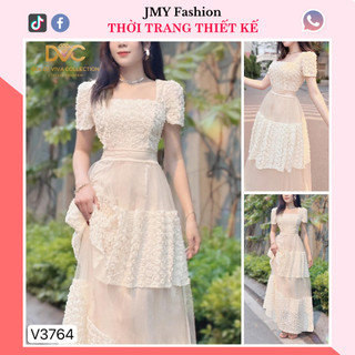 V3764 Váy voan kem hoa nổi maxi cổ vuông nữ tính [Dolce Viva Colection (DVC)] váy voan hoa xoè dài tiểu thư