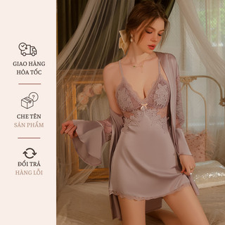 Váy ngủ lụa có đệm ngực, phối ren dây lưng chéo sexy váy ngủ lụa phối ren cao cấp đồ ngủ sexy nữ gợi cảm quyến rũ