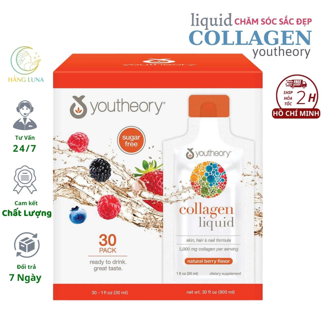 Nước uống Youtheory Collagen Liquid hộp 30 gói x 30ml Mỹ, Collagen nước hỗ trợ chăm sóc da móng tóc