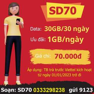 Sim 4G Viettel SD70 30GB/Tháng Tốc Độ Cao