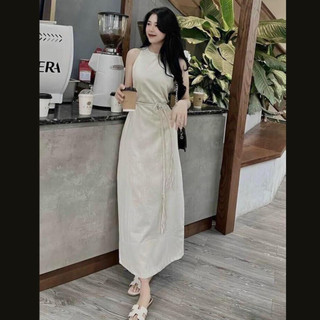 Đầm suông yếm 2 lớp dáng dài kèm đai tết SLINEN, chất vải Linen bột Premium, form suông dài trẻ trung - DS52