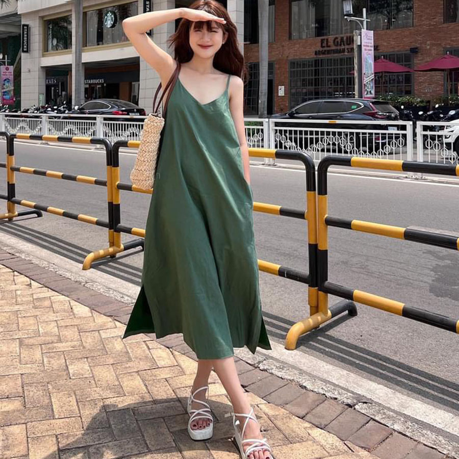Đầm suông 2 dây đi biển chất vải Linen bột Hàn Premium mềm mát trẻ trung SLINEN