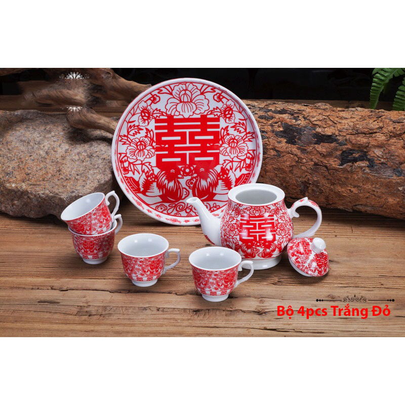 Bộ ấm trà chữ hỷ gia tiên, ấm chén cổ truyền trang trí bàn tiệc đám cưới