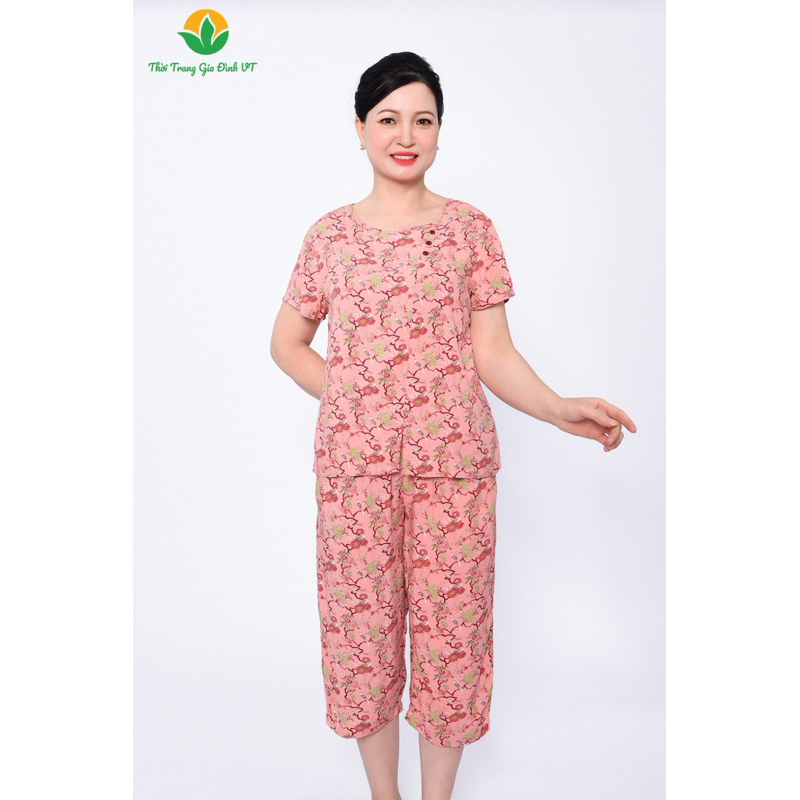 Bộ mặc nhà trung niên nữ xuân hè Việt Thắng quần lửng áo lửng chất Lanh B06.2218