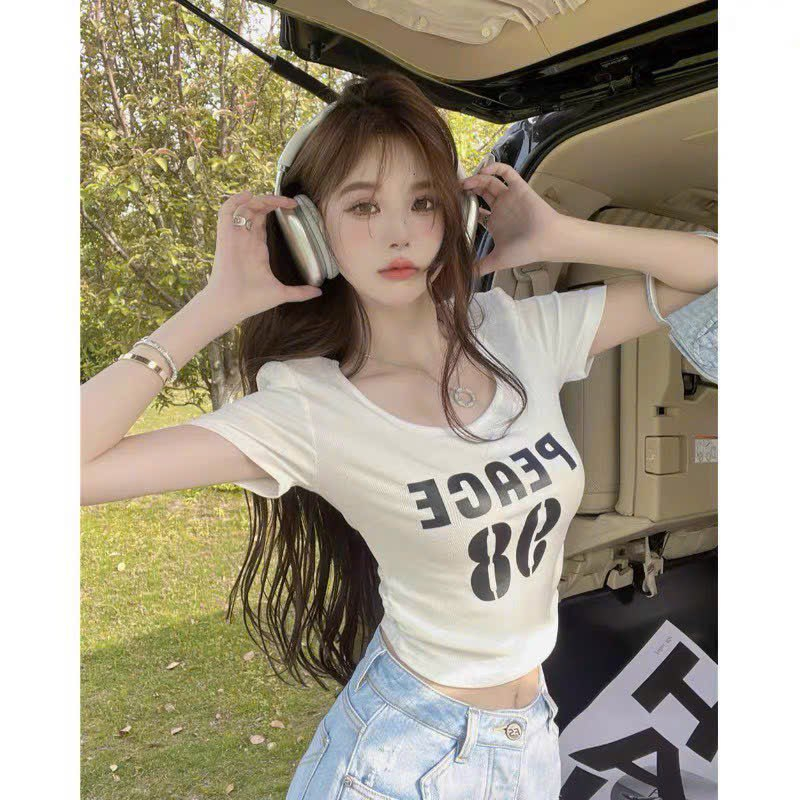 Áo Croptop Nhún In Hình Tay Ngắn