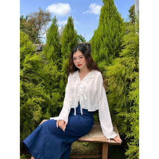 Áo kiểu tay dài cột nơ thun nhún the ciu - newy top
