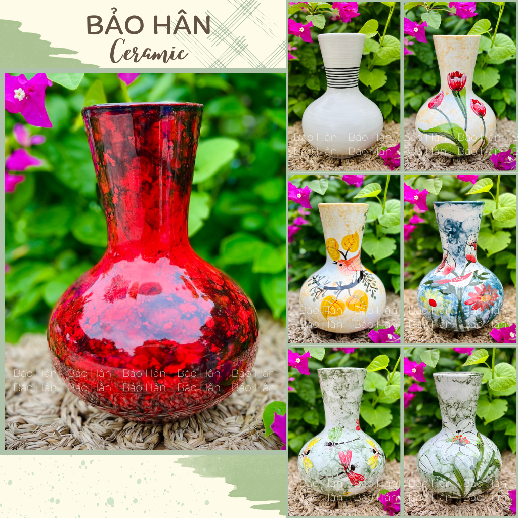 Bình Hoa Decor Đẹp Men Vân Đá, Lọ Hoa Vẽ Tay Hoa Lá Đẹp Trang Trí Nhà Cửa, Gốm Sứ Bát Tràng