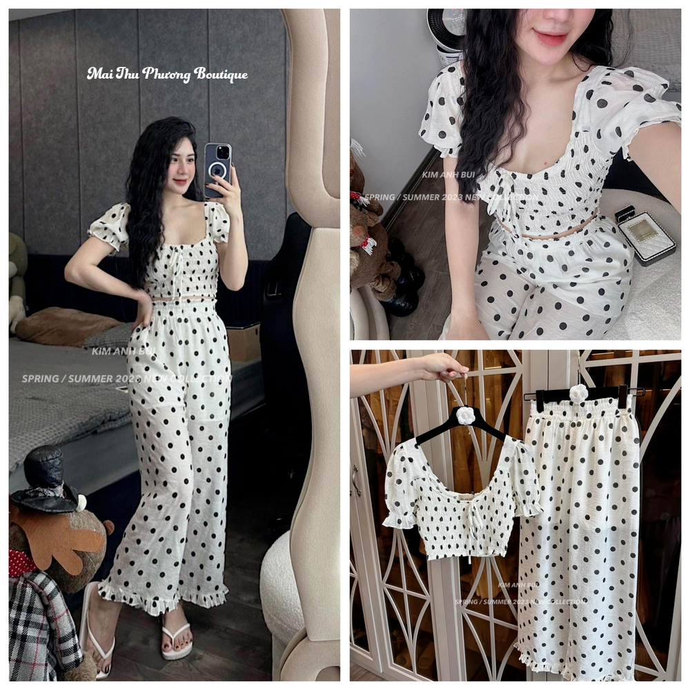 Set Bộ Đồ Nữ Tơ Nhăn Thêu Hoa Nhí Áo Chun Croptop Tay Bồng Mix Quần Suông Ống Rộng Viền Bèo 2 Lớp Mẫu CHAMBI. TP122