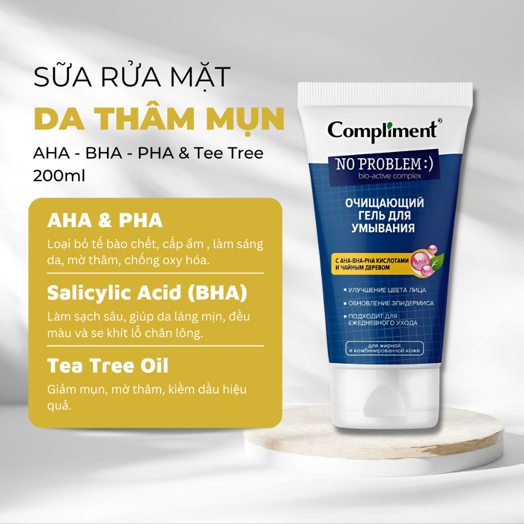 Sữa Rửa Mặt Giảm Thâm Ngừa Mụn Compliment AHA-BHA-PHA & Tee Tree Cho Da Mụn Thâm 200ml - Vạch Vàng