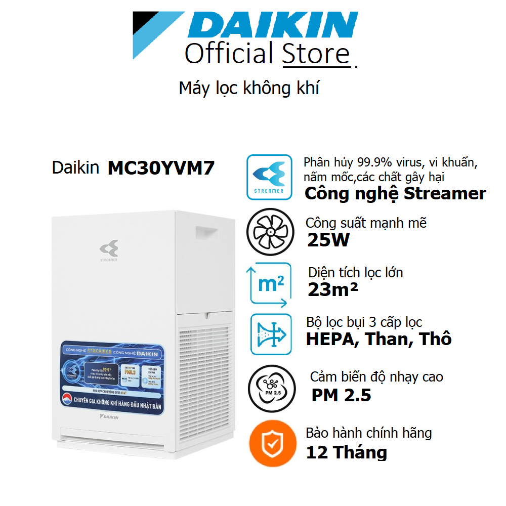 Máy Lọc không khí Daikin MC30YVM7 - Công nghệ Streamer, Diệt khuẩn bụi mịn PM2.5, Khử mùi, Diện tích 23m2