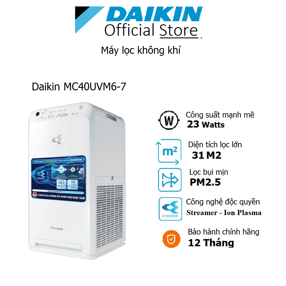 Máy lọc không khí Daikin MC40UVM6-7 Diện tích 30m2, ion Plasma, Lọc bụi mịn PM 2.5, mùi - Bảo hành chính hãng