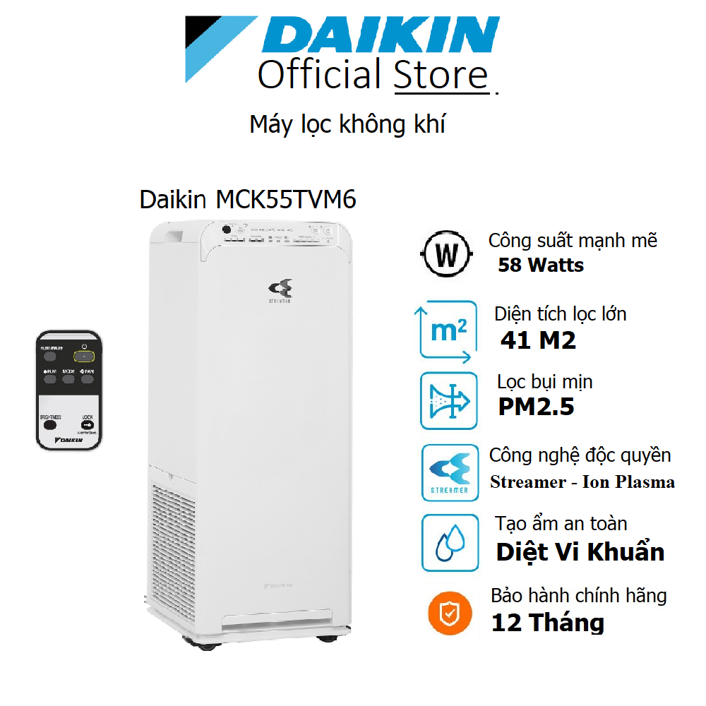 Máy lọc không khí tạo ẩm Daikin MCK55TVM6 Diện tích lọc lớn 41m2, Công nghệ Streamer Clash Cycle Clean - Hàng chính hãng