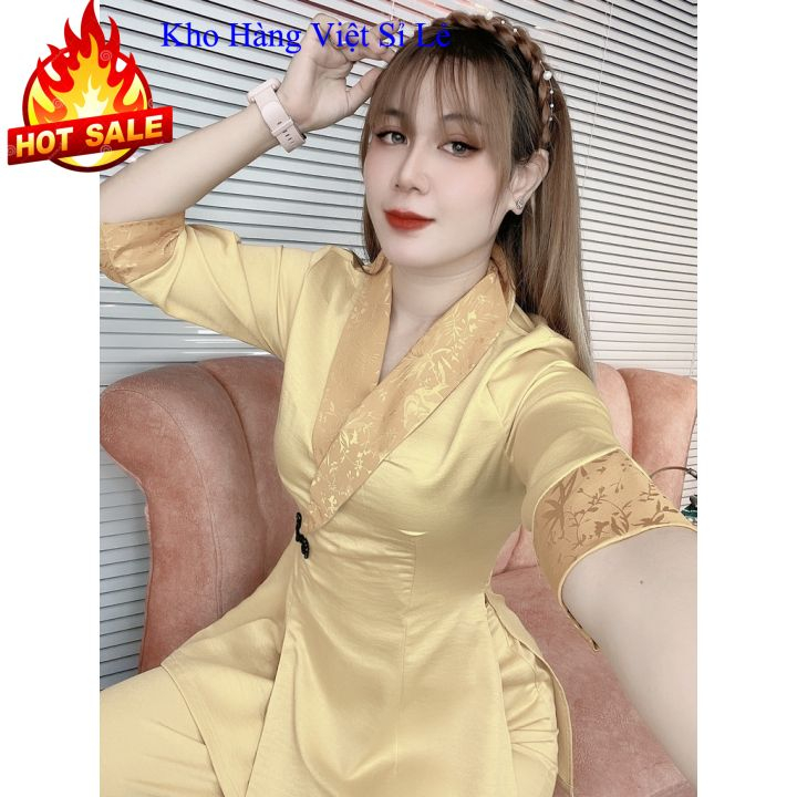 Đồ Lam Đi Chùa Nữ Cổ V - Pháp Phục Đi Chùa - Bộ Đi Lễ Đẹp Chất Gấm Nổi Sang Trọng Nhiều Màu Size 45-60kg